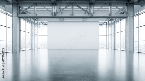 Spacious, light-filled industrial loft interior with large windows and blank canvas wall for creative display