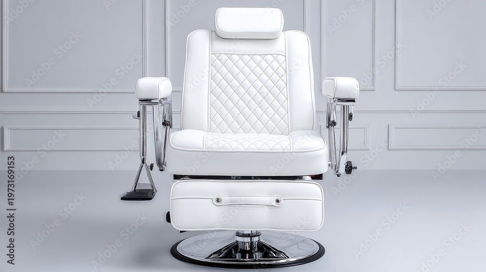 Fototapeta premium Luxury White Barber Chair with Quilted Seat and Adjustable Footrest for Salon Services