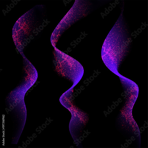 An isolated design element, a purple sparkling arc made of chaotic fine tinsel.