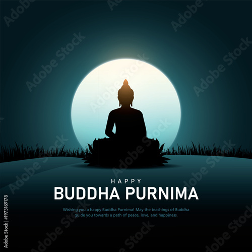 Happy Vesak Day, Buddha Purnima wishes greetings with silhouette of buddha. Creative vector illustration design.