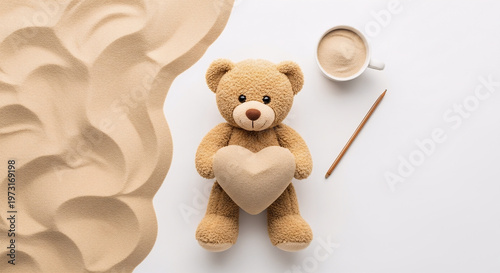 Cuddly teddy bear holding heart with coffee and pencil on white background realistic 3D render