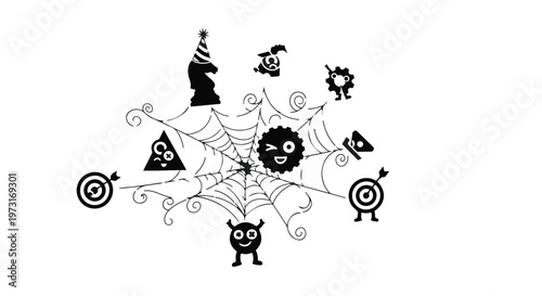 Whimsical characters and targets caught in a playful spiderweb design