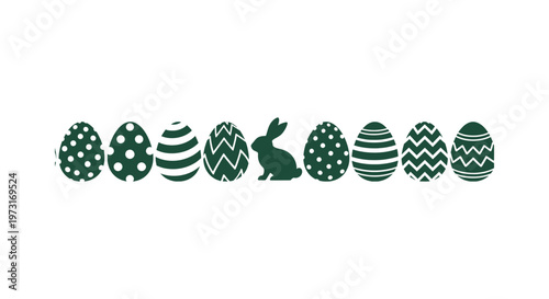Dark green patterned Easter eggs silhouettes and a bunny rabbit row isolated on white background.