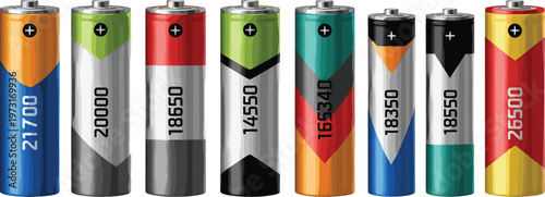 Collection of colorful rechargeable lithium ion battery sizes with capacity labels isolated on white background for energy storage, power technology, and electronics design