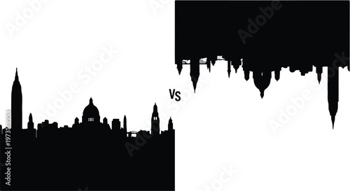 Contrasting skylines in silhouette, one upright and one inverted, representing opposing viewpoints or perspectives.