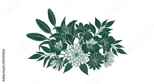 Hand drawn dark green botanical floral bouquet with lily and alstroemeria flowers and buds on white