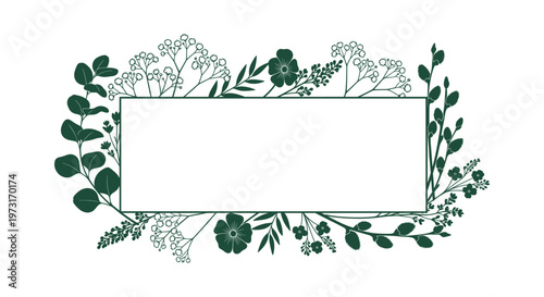 Dark Green Floral Frame with Eucalyptus and Baby's Breath Branches. Elegant Botanical Frame Border.