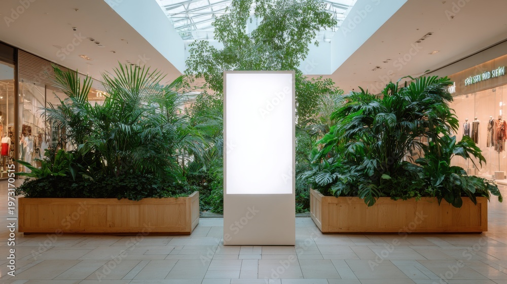 Fototapeta premium Bright illuminated display stand surrounded by lush green plants in a modern shopping mall interior