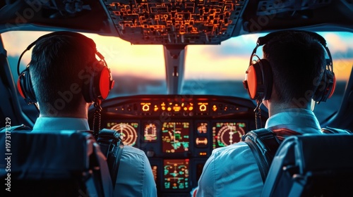 Pilots in action cockpit of a jet aviation photography sunset environment close-up view flight experience