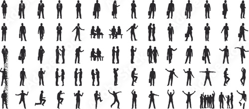 Large Collection of Business People Silhouettes Featuring Professionals in Suits, Standing, Walking, Shaking Hands, and Expressing Success in Diverse Office Poses.