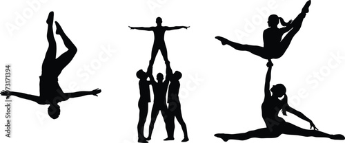 Black silhouette of acrobats and gymnasts performing various stunts balancing and artistic poses isolated on white background for sports design