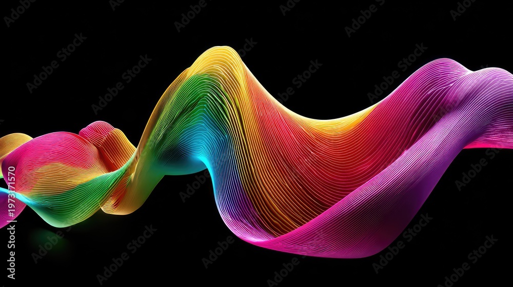 Obraz premium Colorful Wave Design with Flowing Lines in Abstract Art Style, Featuring Bright Tones of Pink, Blue, Yellow, and Green on a Black Background, Ideal for Modern Visual Projects