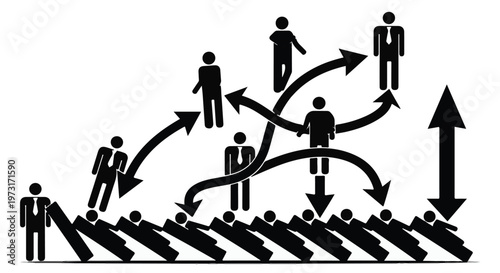 Business figures in a cascading effect, symbolizing growth and interconnectedness in a hierarchy.