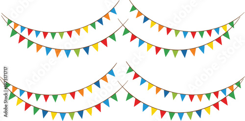 Colorful Party Bunting Banner Collection Featuring Hanging Triangle Flags, Festive Decoration Garlands, and Celebration Elements for Events and Holiday Design