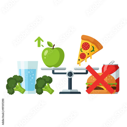 Healthy Food vs Junk Food Balance Scale: Diet Choice, Nutrition, Weight Loss Concept