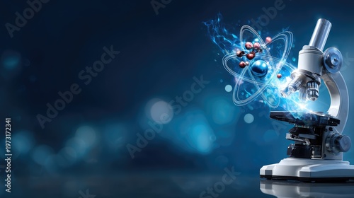 Modern Laboratory Microscope with Digital Effects Showcasing Atomic Structure and Scientific Research Background with Bokeh Light Effect Ideal for Educational and Science Themes