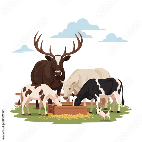 Farm Animals Gathered at Wooden Feeder, Cattle and Deer Eating Together