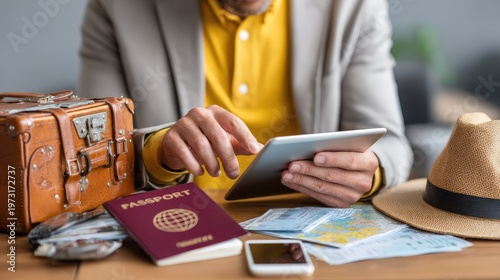 Man Planning Travel with Passport, Maps, and Tablet with Suitcase, Money, and Hat on Table, Preparing for Adventure by Organizing Essential Items