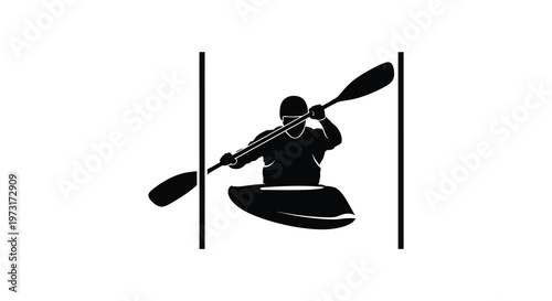 A black silhouette of a kayaker paddling within a rectangular frame emphasizing water sport and outdoor recreation silhouette high quality professional