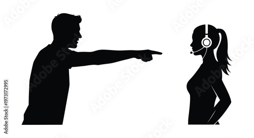 A stark depiction of a man pointing accusingly at a woman wearing a headset rendered as a silhouette high quality professional