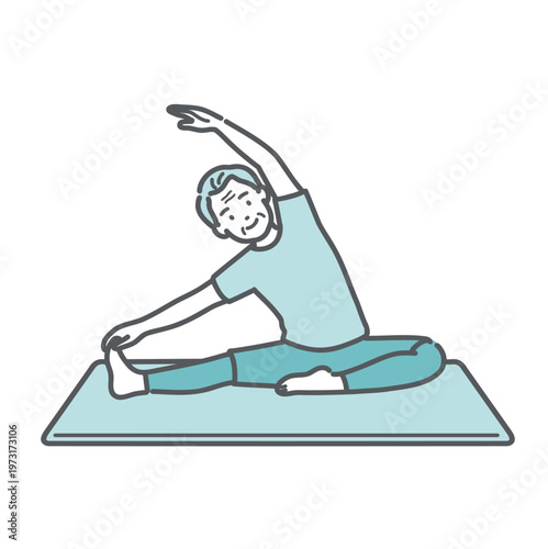 笑顔で体側ストレッチをするシニア男性のイラスト