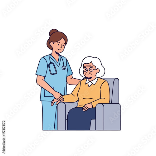 Nurse caring for elderly woman in armchair, healthcare, support, compassion