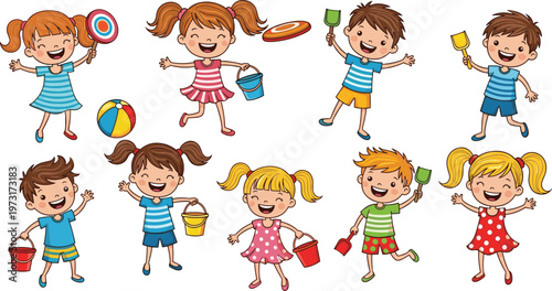 Summer Fun Kids Illustration Set with Toys, Beach Balls, Buckets, and Playful Activities for Childhood, Vacation, and Playtime-Themed Designs