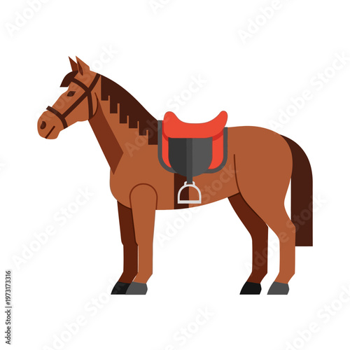 Brown Horse with Saddle, Flat Illustration, Equestrian Animal