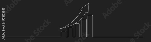 Continuous line drawing of a growing bar graph with an upward arrow, representing business success and data analysis.