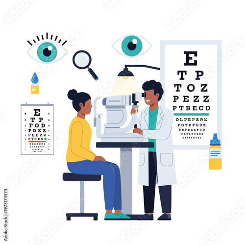 Optometrist examining patient's eyes with chart and equipment, eye care concept