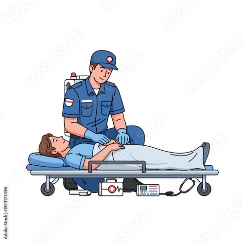 Paramedic assisting patient on stretcher, medical emergency care, first aid, hospital transport