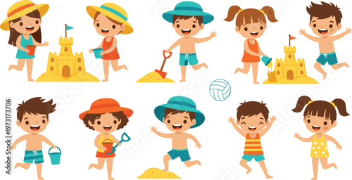 Summer Beach Kids Illustration Set with Sandcastles, Beach Volleyball, and Fun Activities for Vacation, Playtime, and Outdoor-Themed Designs