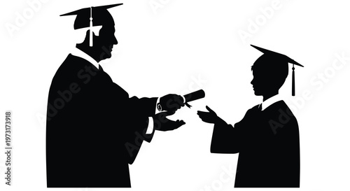 A university chancellor hands a diploma to a graduating student in a striking black silhouette high quality professional detailed modern elegant