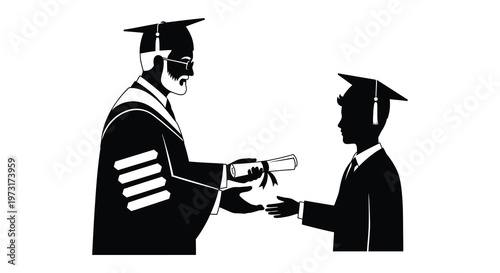 A professor presents a diploma to a graduating student in a stark black and white silhouette high quality professional detailed modern