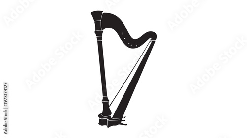 Harp Vector Illustration Black Minimalist Musical Instrument Icon Isolated on White for Classical Music Concert Posters and Orchestra Branding