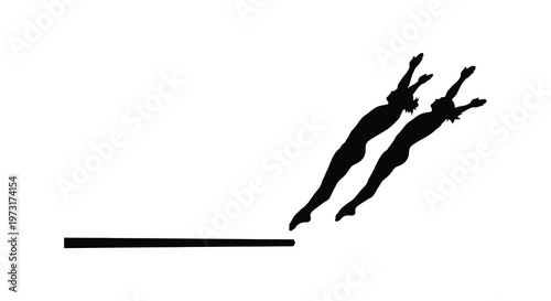 Two figures are dynamically leaping forward from a dark platform captured in a striking black silhouette high quality professional detailed modern