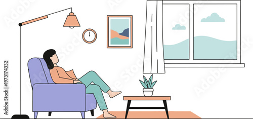 Woman Enjoying Serene Home Comfort Relaxing in a Minimalist Living Room with a Bright Window View, Embracing Peaceful Leisure Time