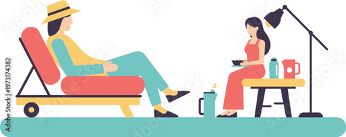 Stylized illustration of friends or couple enjoying a relaxed break, one on a lounge chair and another on a stool, sipping drinks in a peaceful home setting