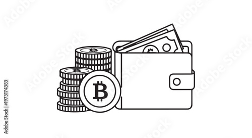 Bitcoin Crypto Wallet and Cash Coins for Financial Investment Concept