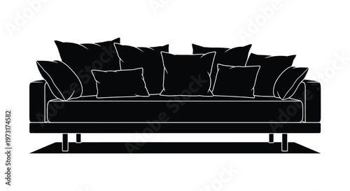 A modern black sofa with a variety of pillows is presented in a striking minimalist silhouette high quality professional detailed modern