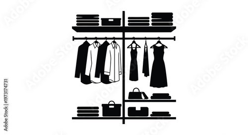 A minimalist black silhouette of a wardrobe with clothes shelves and accessories showcasing organized storage silhouette high quality professional detailed modern