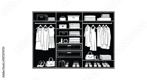 A black and white illustration depicting a fully organized closet with clothes shoes and accessories silhouette high quality professional detailed