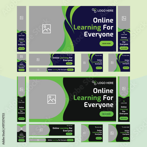 Set of web banner standard sizes, learning services web set banner template design for social media posts