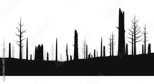 A stark landscape of dead trees and broken branches is presented in a dramatic black silhouette high quality professional detailed modern