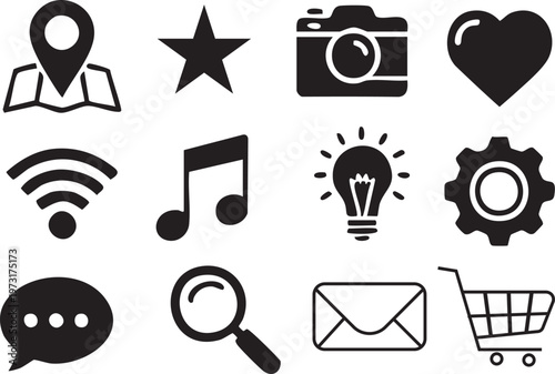 A minimalist icon set in outline style, black and white vector, thin stroke, icons: map pin, star, camera, heart, wifi, music note, light bulb, gear, chat bubble, search icon, mail envelope, shop