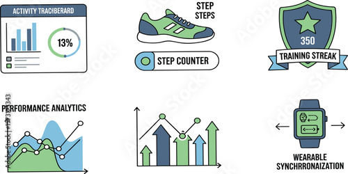Fitness Tracking and Performance Analytics Illustration Set Featuring Activity Dashboard, Step Counter, Training Streak Badge, Wearable Sync, and Progress Charts for Health App Design