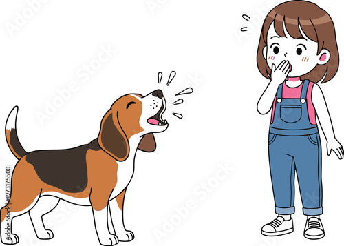 Cartoon vector illustration of a cute beagle dog howling loudly while a young girl looks on with a surprised expression.