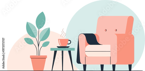 Cozy minimalist living room interior illustration with a comfortable armchair, hot coffee, and a green houseplant, creating a relaxing home decor scene