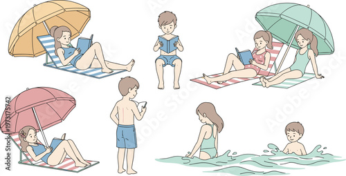 Relaxing Summer Beach Illustration Set with Umbrellas, Sunbathing, Swimming, and Reading for Vacation and Outdoor-Themed Designs