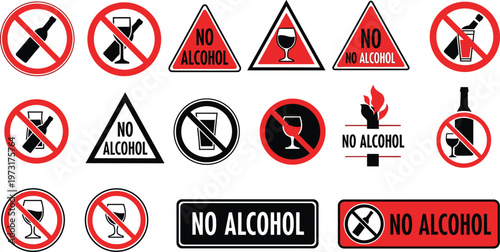 Set of No Alcohol Warning Signs and Symbols in Red, Black, and White for Health, Safety, and Legal Use in Public Spaces and Websites.